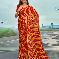 Laxmipati Raadhika Red Diagonal Wavy Striped Print Chiffon Saree