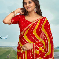 Laxmipati Raadhika Red Diagonal Wavy Striped Print Chiffon Saree