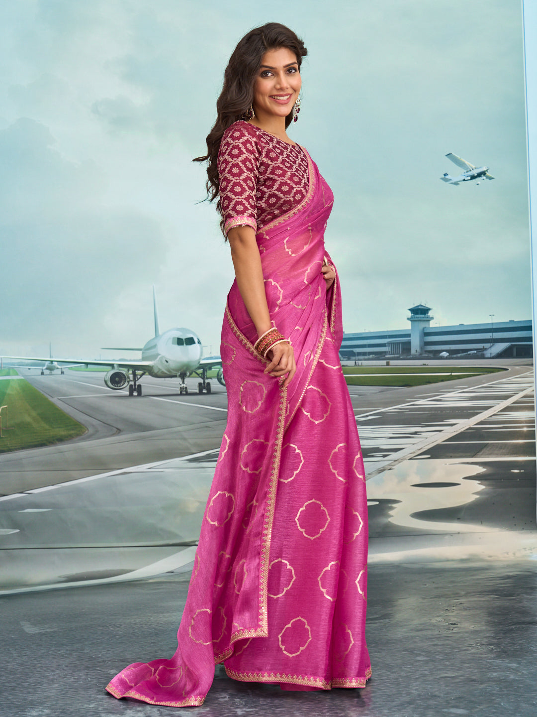 Laxmipati Raadhika Pink Wavy Print Silk Saree