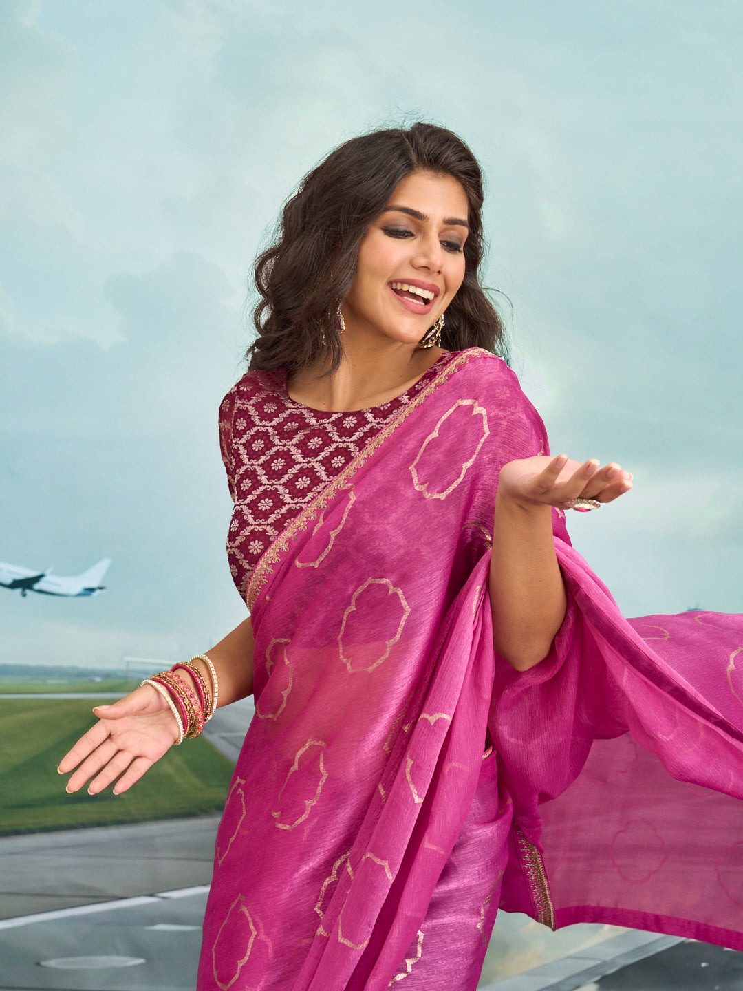 Laxmipati Raadhika Pink Wavy Print Silk Saree