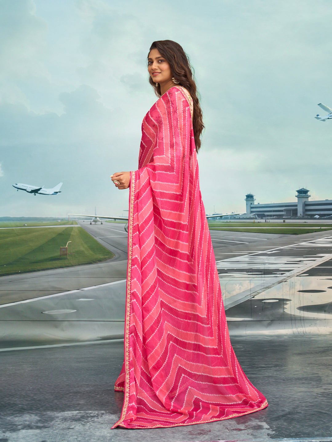 Laxmipati Raadhika Pink Striped Ikat Print Chiffon Saree