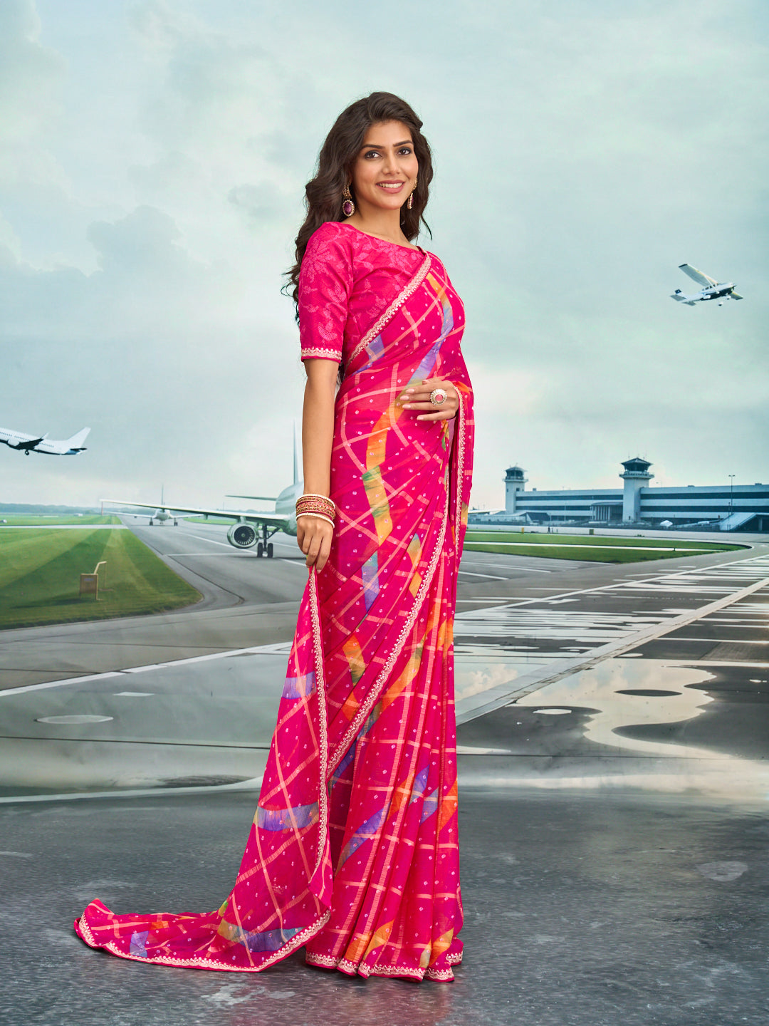 Laxmipati Raadhika Dark Pink Geometric Print Chiffon Saree