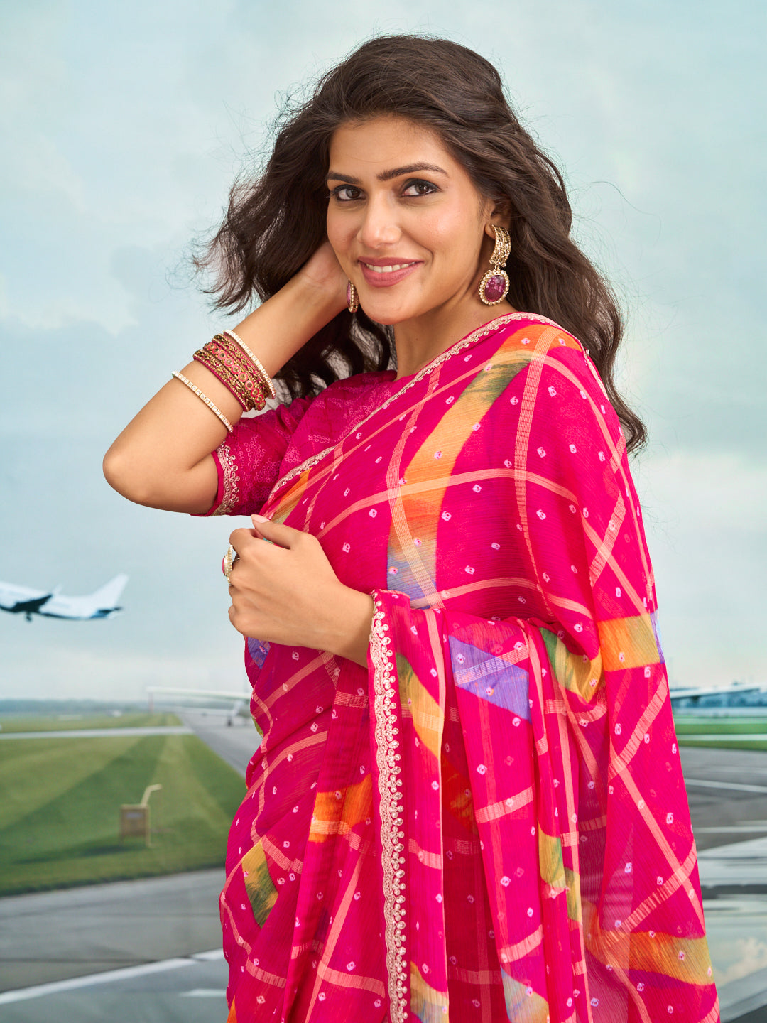 Laxmipati Raadhika Dark Pink Geometric Print Chiffon Saree