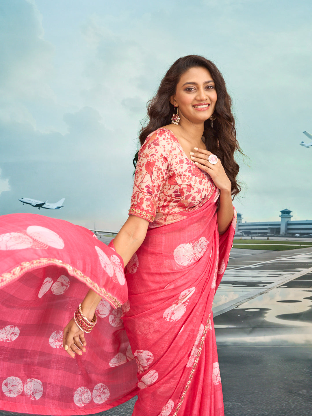 Laxmipati Raadhika Pink Abstract Print Chiffon Saree