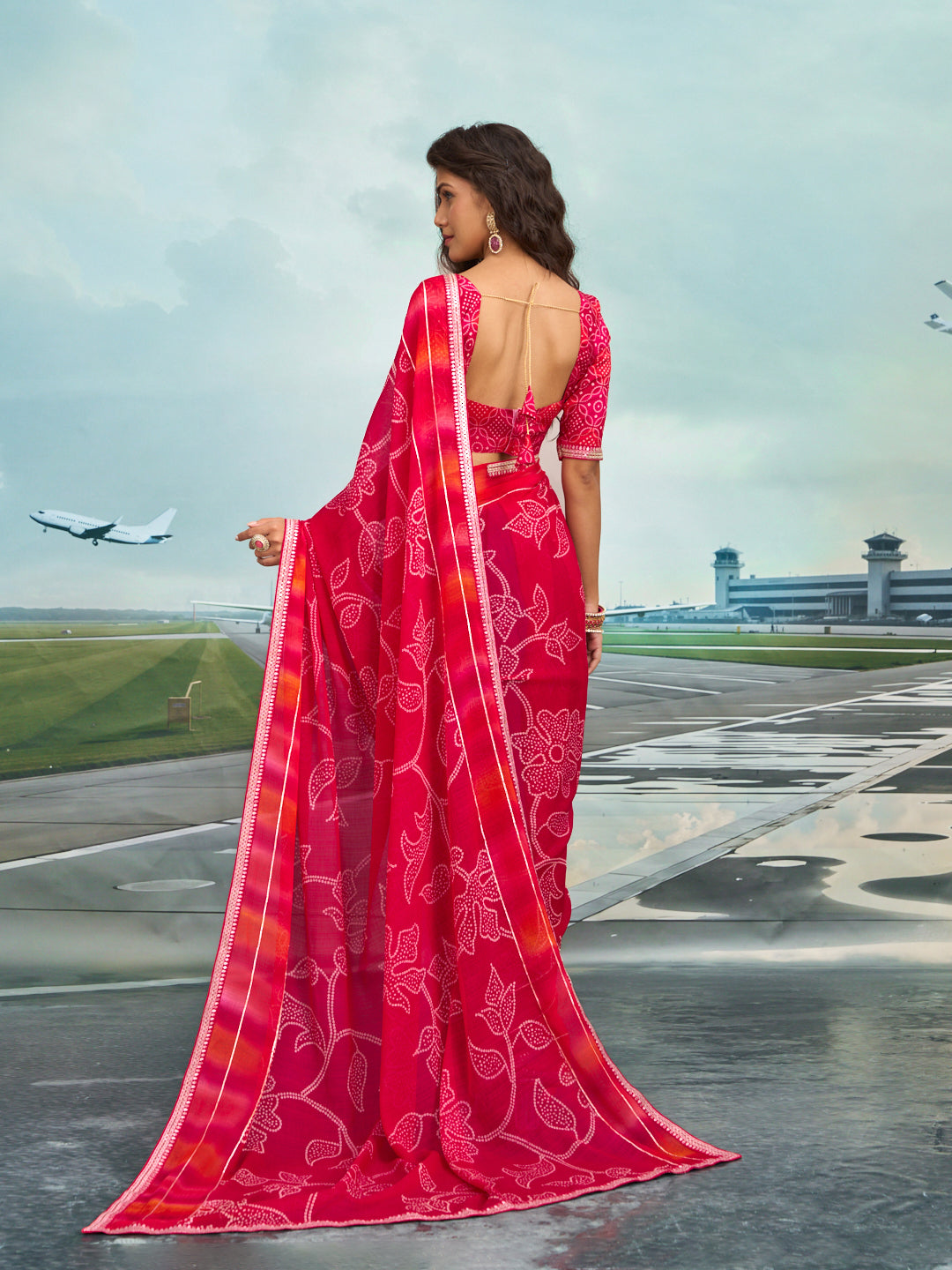 Laxmipati Raadhika Red Floral Print Chiffon Saree