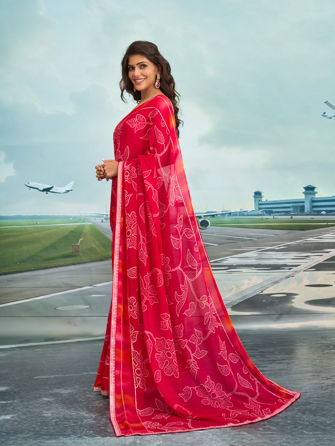 Laxmipati Raadhika Red Floral Print Chiffon Saree