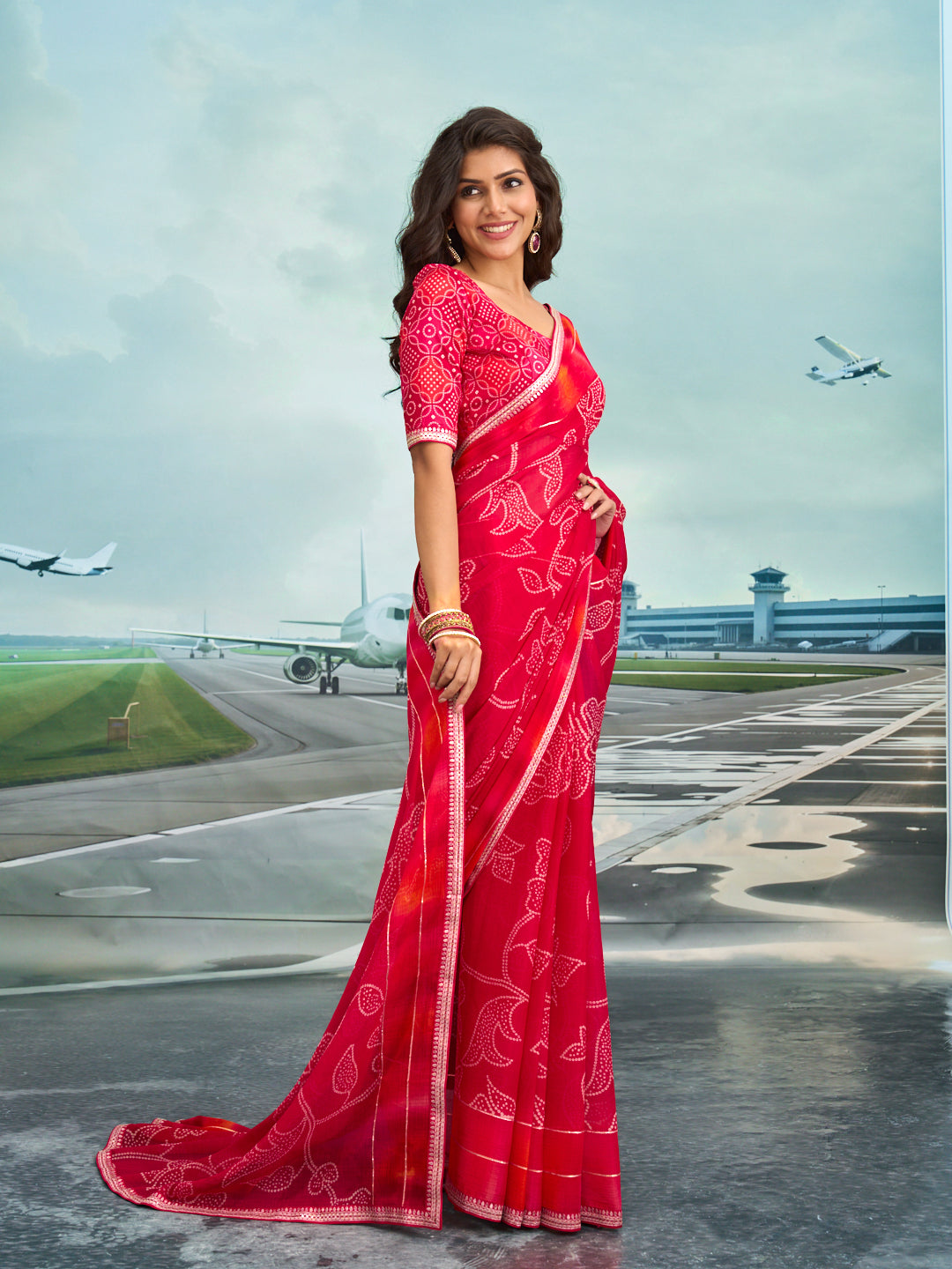 Laxmipati Raadhika Red Floral Print Chiffon Saree