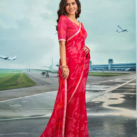 Laxmipati Raadhika Red Floral Print Chiffon Saree