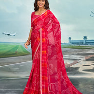 Laxmipati Raadhika Red Floral Print Chiffon Saree