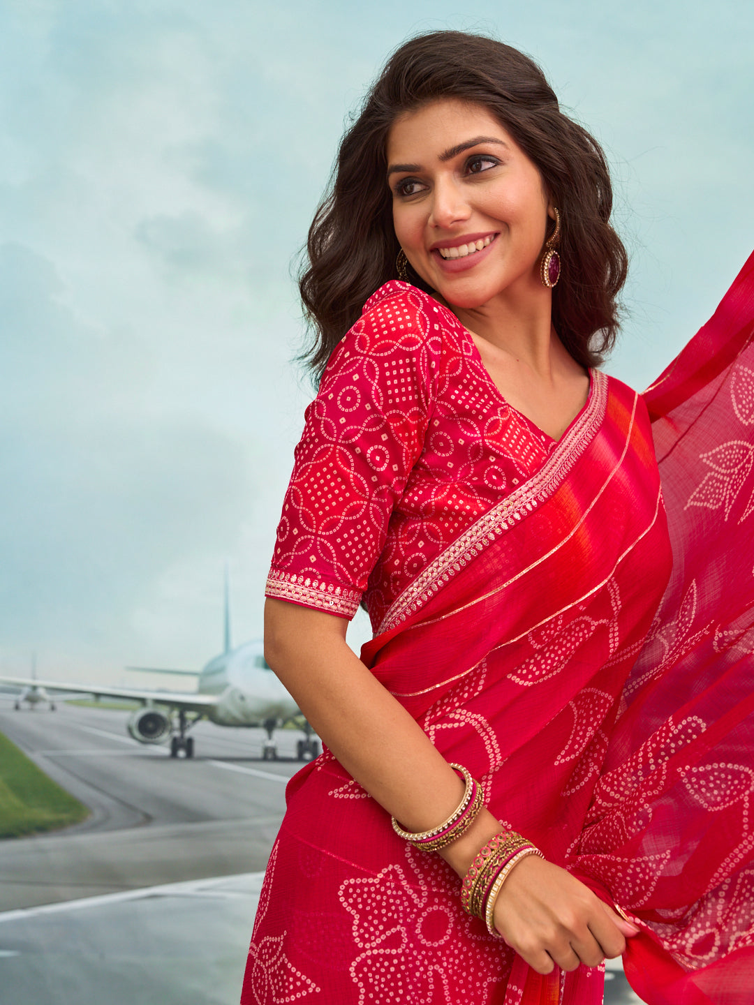 Laxmipati Raadhika Red Floral Print Chiffon Saree