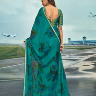Laxmipati Raadhika Teal Blue Floral Print Chiffon Saree