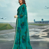 Laxmipati Raadhika Teal Blue Floral Print Chiffon Saree