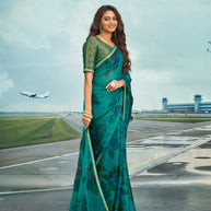 Laxmipati Raadhika Teal Blue Floral Print Chiffon Saree