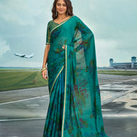 Laxmipati Raadhika Teal Blue Floral Print Chiffon Saree
