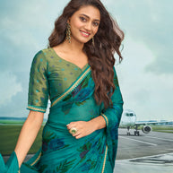 Laxmipati Raadhika Teal Blue Floral Print Chiffon Saree