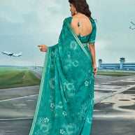 Laxmipati Raadhika Turquoise Blue Floral Print Chiffon Saree
