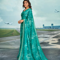 Laxmipati Raadhika Turquoise Blue Floral Print Chiffon Saree