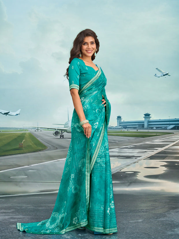Laxmipati Raadhika Turquoise Blue Floral Print Chiffon Saree