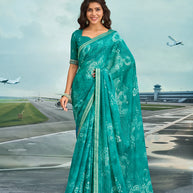 Laxmipati Raadhika Turquoise Blue Floral Print Chiffon Saree