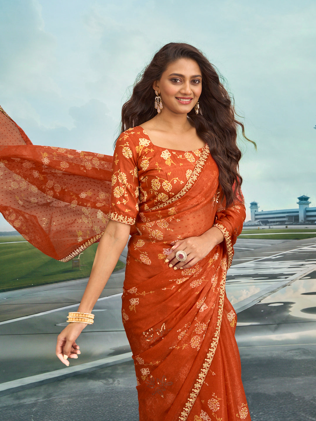 Laxmipati Raadhika Brown Floral Print Chiffon Saree