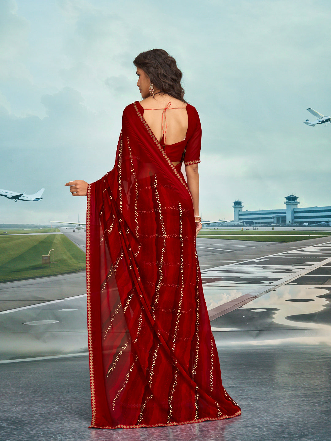 Laxmipati Raadhika Red Wavy Print Georgette Saree