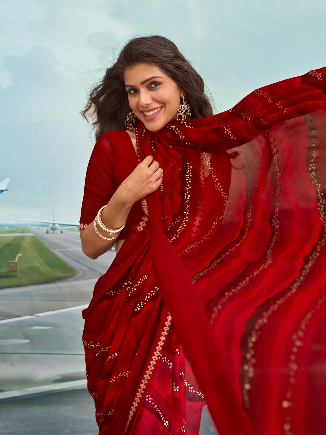 Laxmipati Raadhika Red Wavy Print Georgette Saree