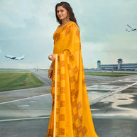 Laxmipati Raadhika Mustard Floral Print Chiffon Saree