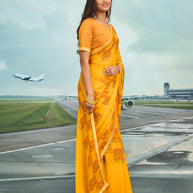 Laxmipati Raadhika Mustard Floral Print Chiffon Saree