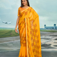 Laxmipati Raadhika Mustard Floral Print Chiffon Saree