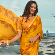 Laxmipati Raadhika Mustard Floral Print Chiffon Saree