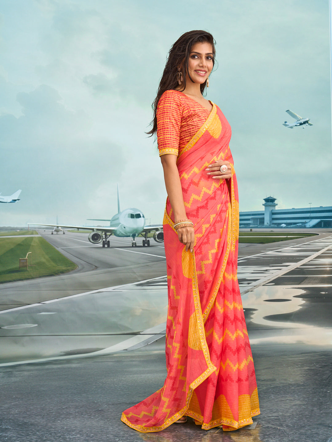 Laxmipati Raadhika Peach Chevron Print Chiffon Saree
