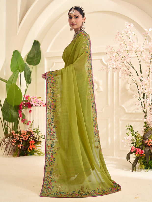 Laxmipati Popcorn Floral Embroidered Chiffon Saree in Olive Green Color