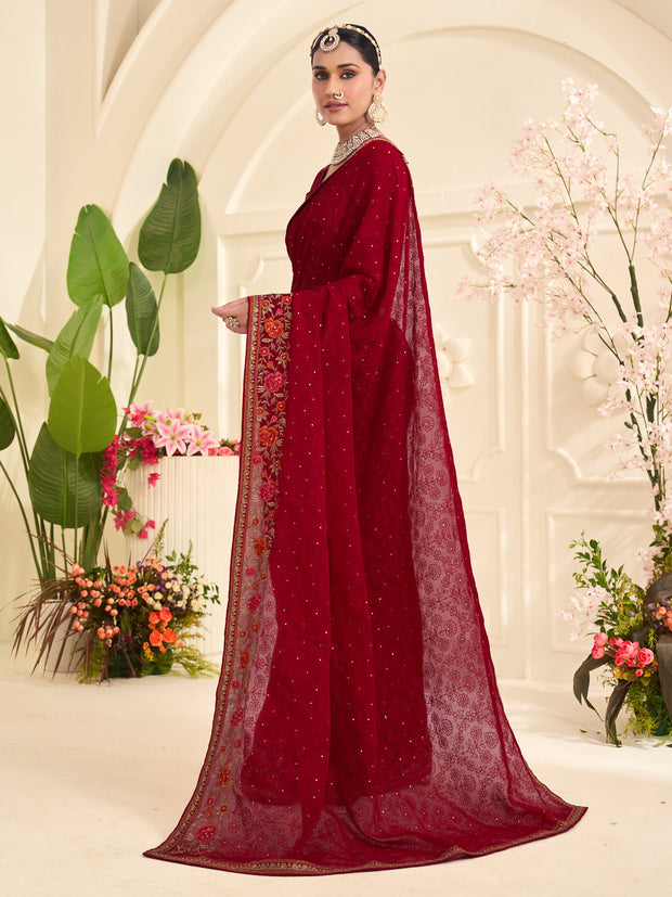 Laxmipati Popcorn Floral Embroidered Chiffon Saree in Red Color