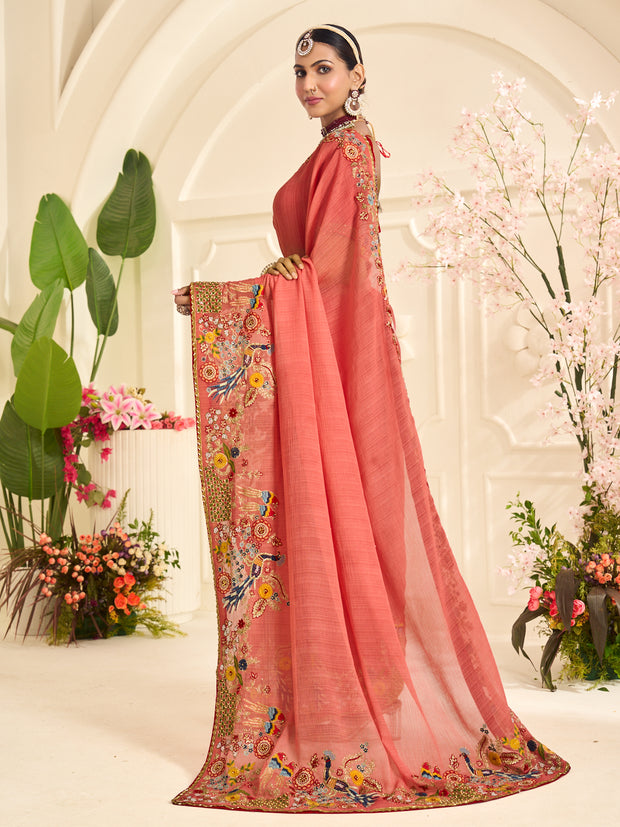 Laxmipati Popcorn Floral Embroidered Chiffon Saree in Peach Color