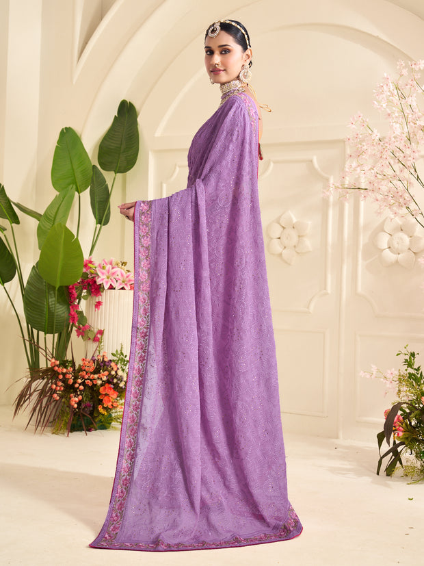 Laxmipati Popcorn Floral Embroidered Chiffon Saree in Lavender Color