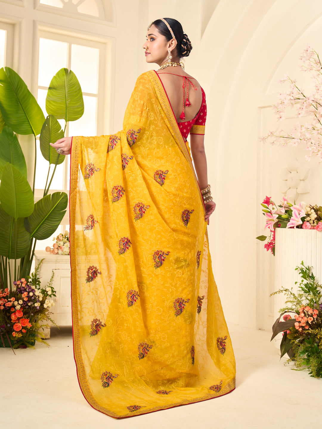 Laxmipati Popcorn Floral Embroidered Chiffon Saree in Yellow Color