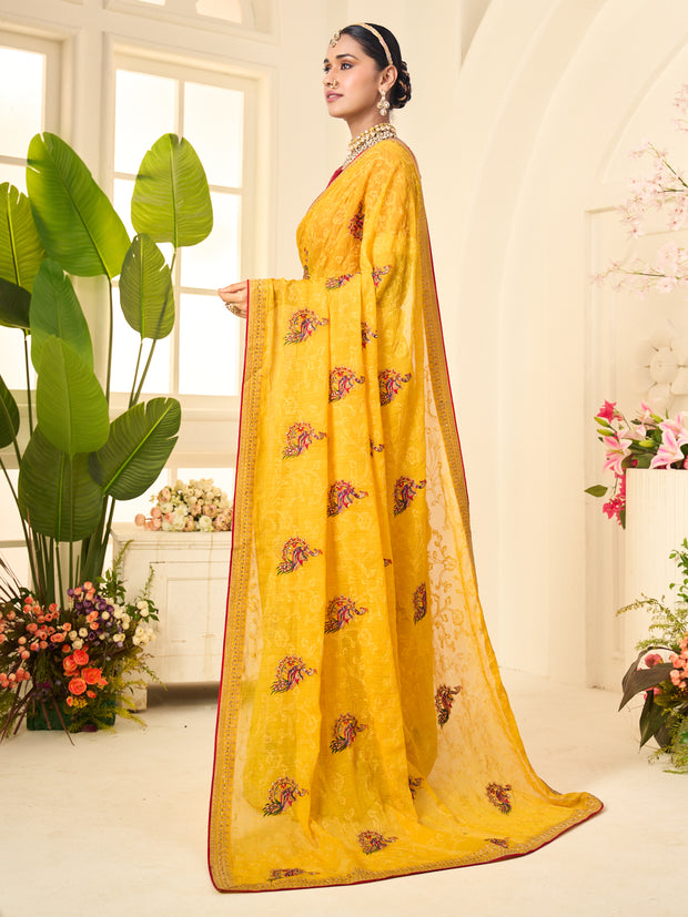Laxmipati Popcorn Floral Embroidered Chiffon Saree in Yellow Color