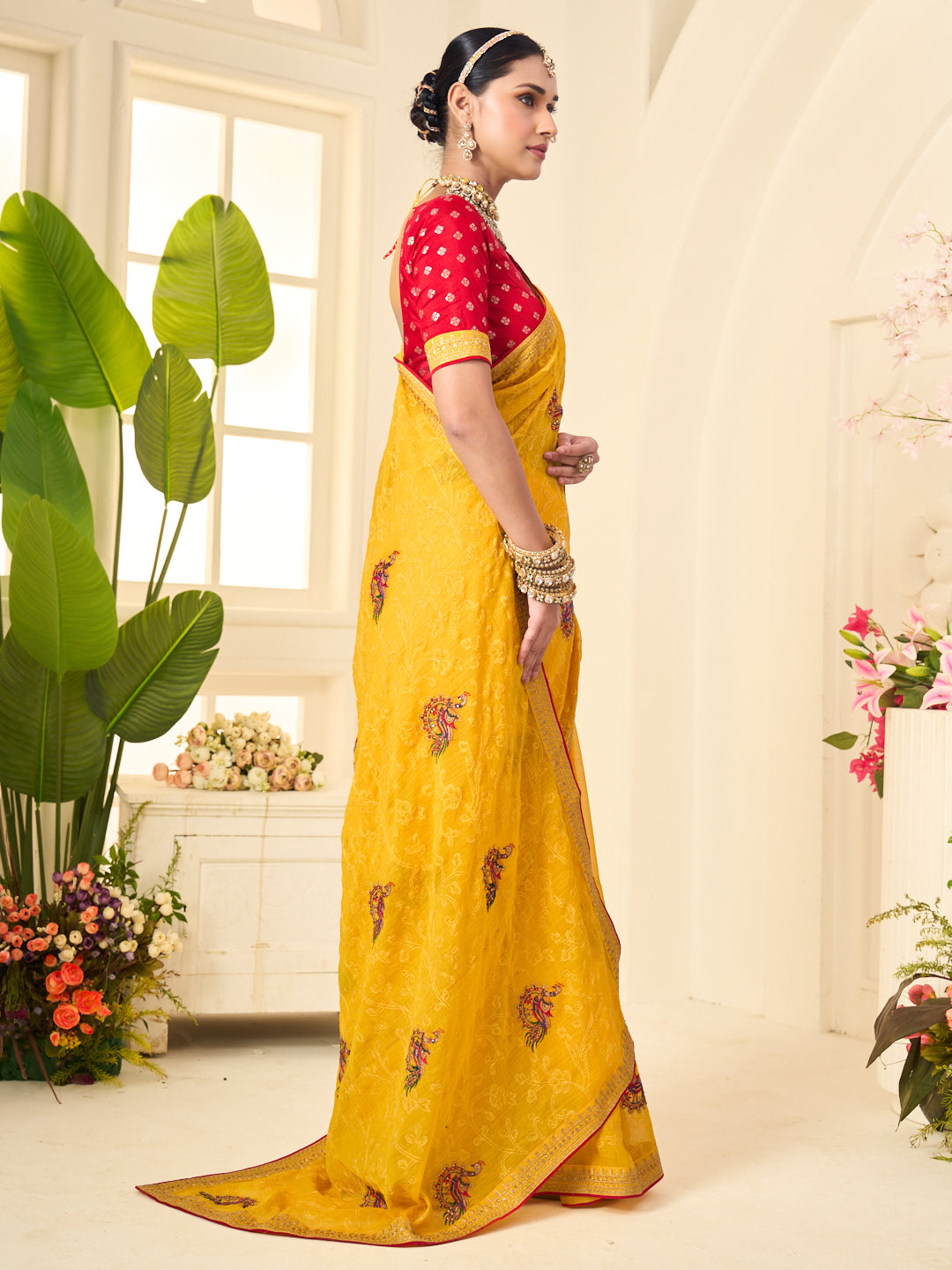 Laxmipati Popcorn Floral Embroidered Chiffon Saree in Yellow Color
