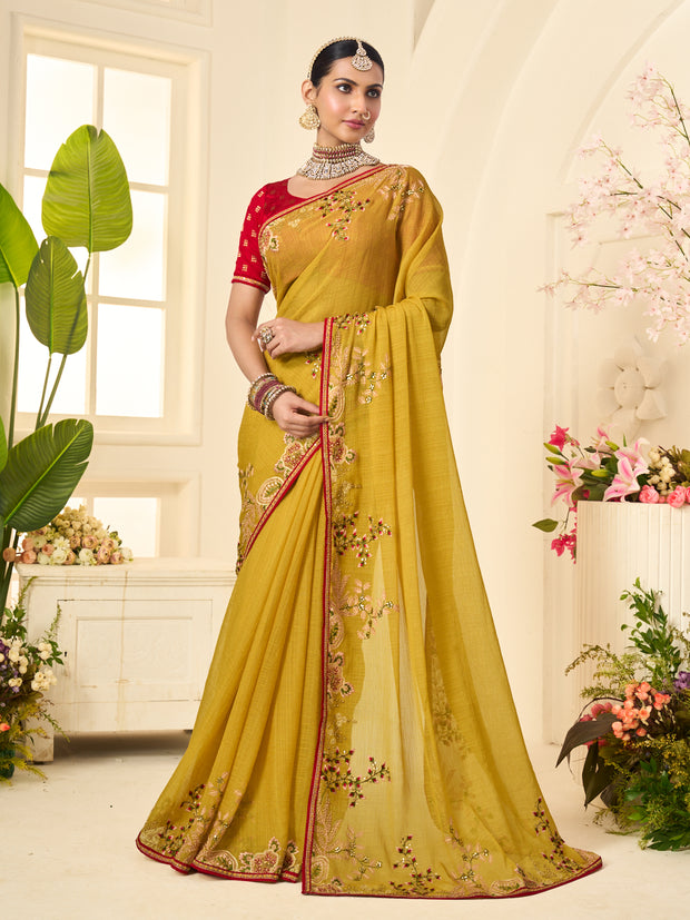 Laxmipati Popcorn Floral Embroidered Chiffon Saree in Mustard Color