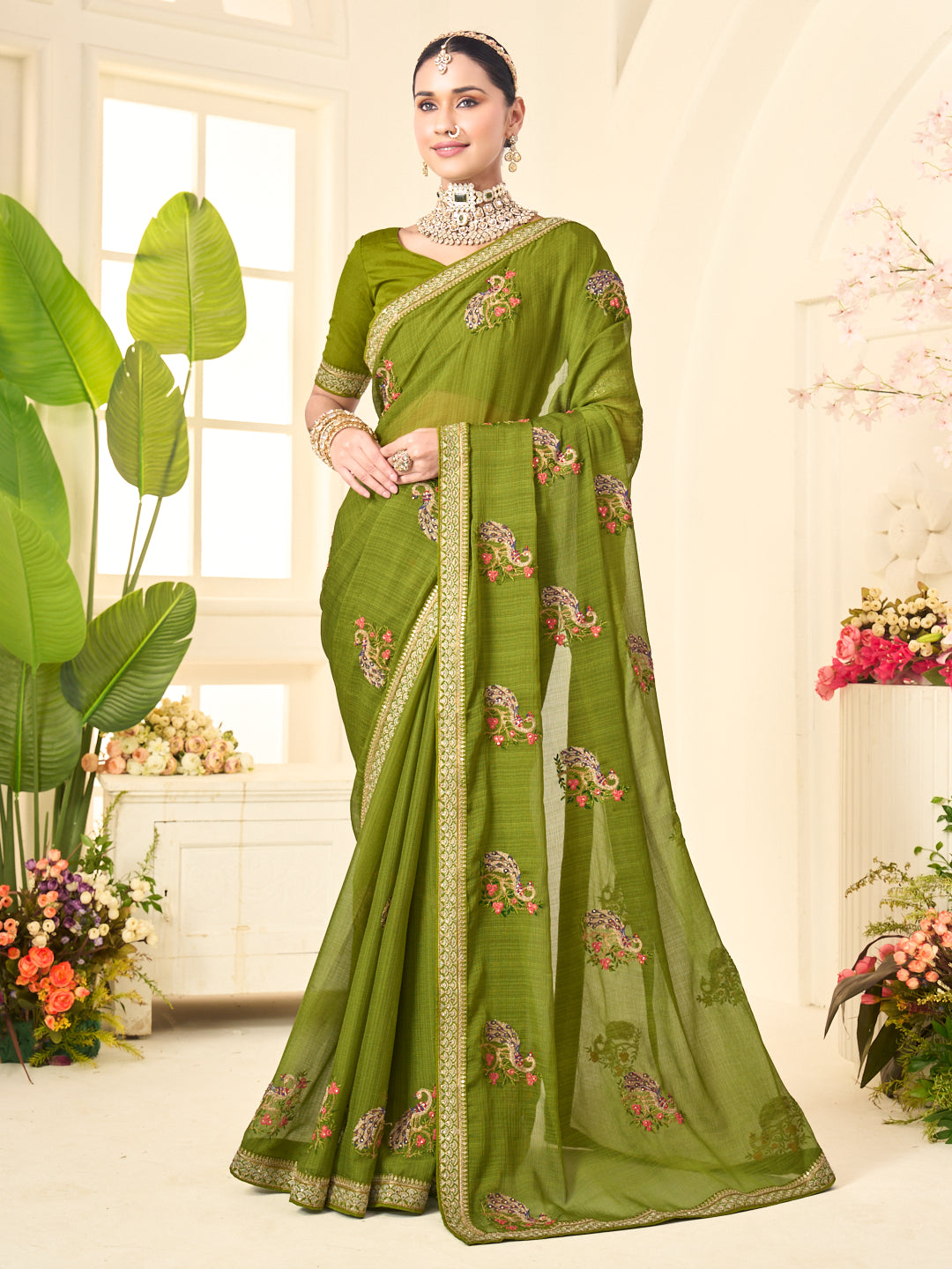 Laxmipati Popcorn Floral Embroidered Chiffon Saree in Green Color