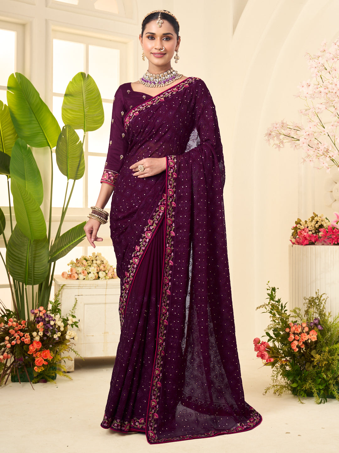 Laxmipati Popcorn Floral Embroidered Chiffon Saree in Wine Color