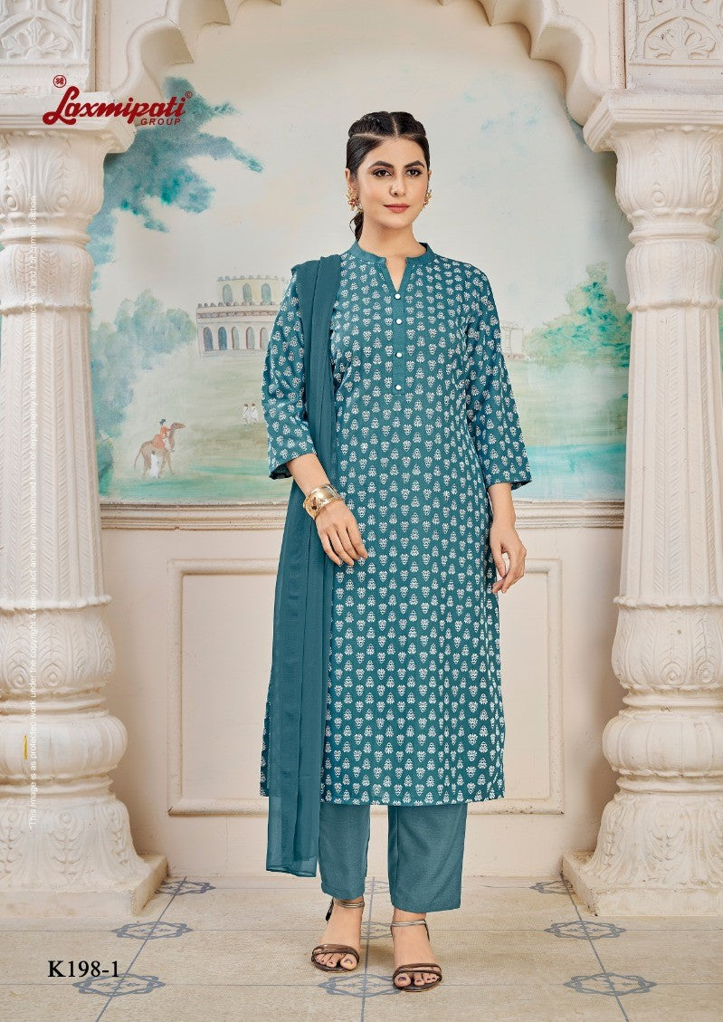 Laxmipati K198-1 Spun Cotton Base Aqua Blue Kurti With Pant & Dupatta