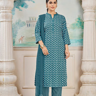 Laxmipati K198-1 Spun Cotton Base Aqua Blue Kurti With Pant & Dupatta