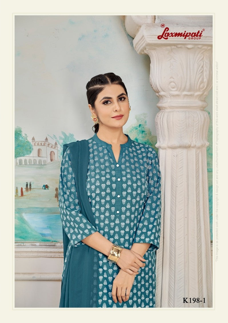 Laxmipati K198-1 Spun Cotton Base Aqua Blue Kurti With Pant & Dupatta