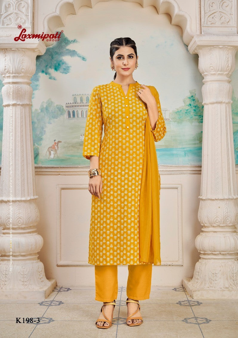 Laxmipati K198-3 Spun Cotton Base Dark Yellow Kurti With Pant & Dupatta