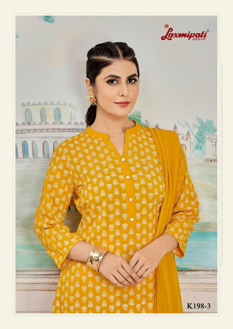 Laxmipati K198-3 Spun Cotton Base Dark Yellow Kurti With Pant & Dupatta