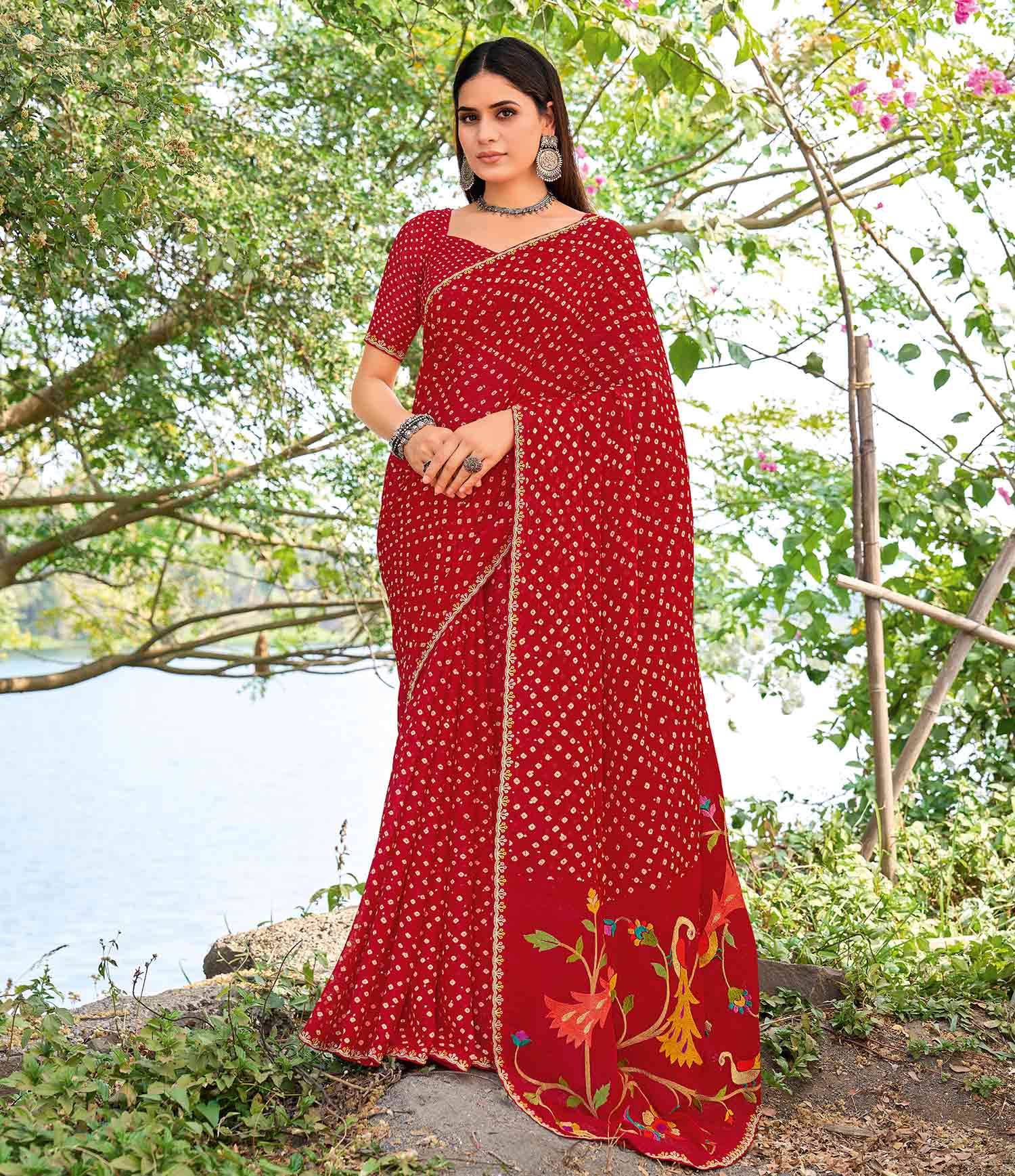 Red chiffon bandhani embroidered saree 
