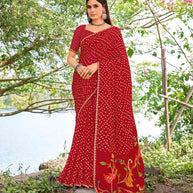 Red chiffon bandhani embroidered saree 