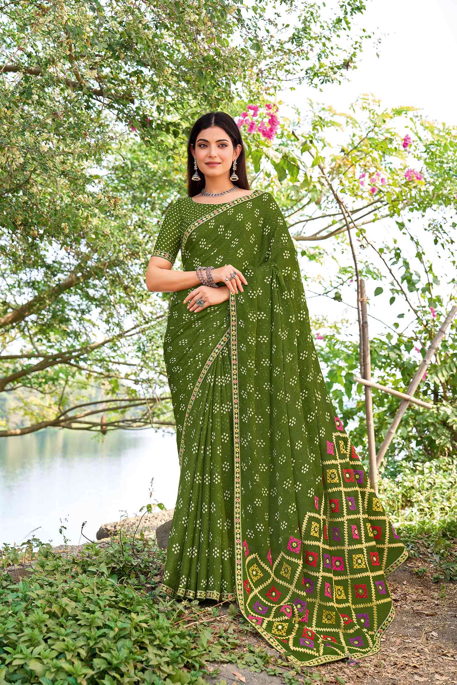 Green chiffon bandhani embroidered saree 