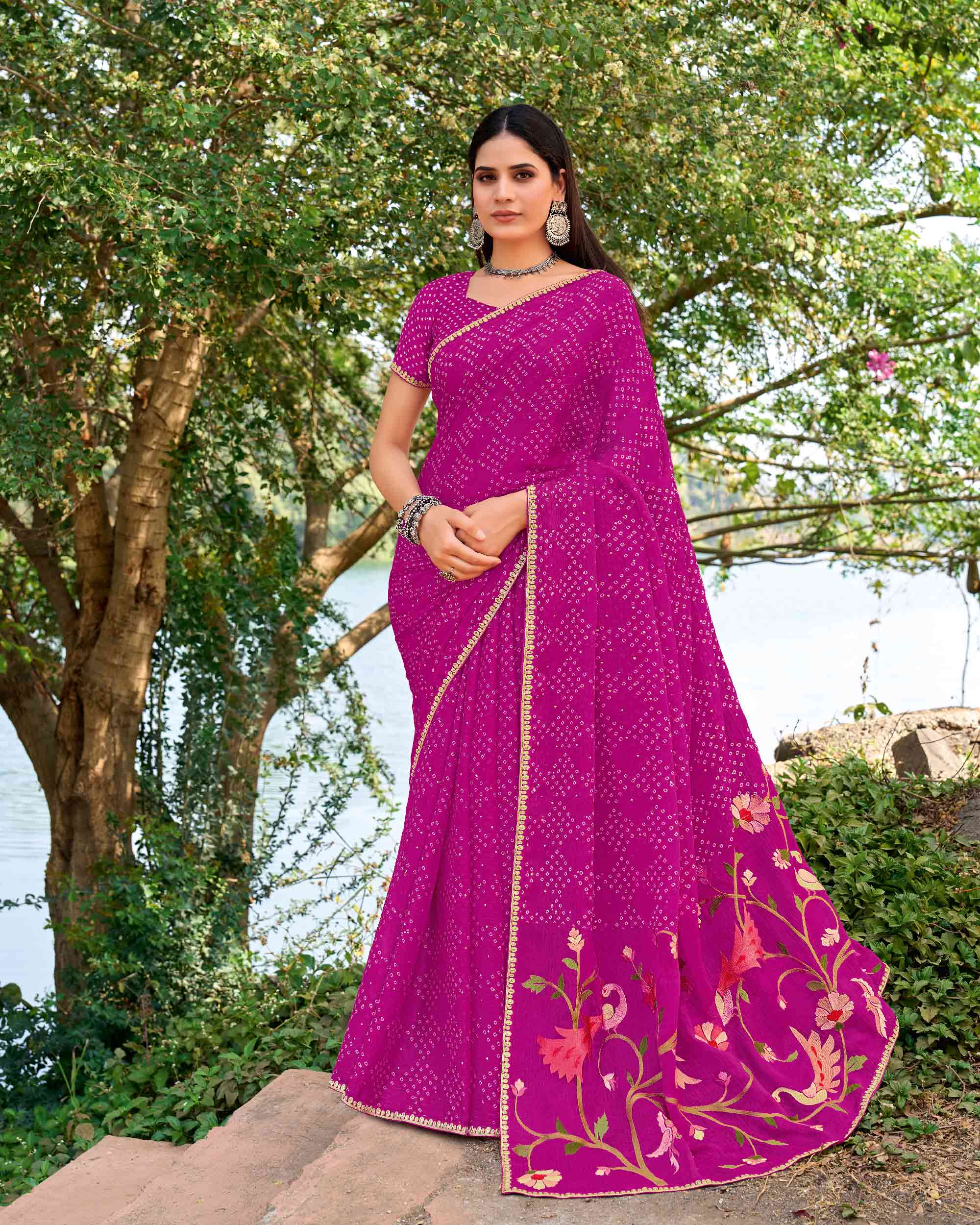 Purple chiffon bandhani embroidered saree